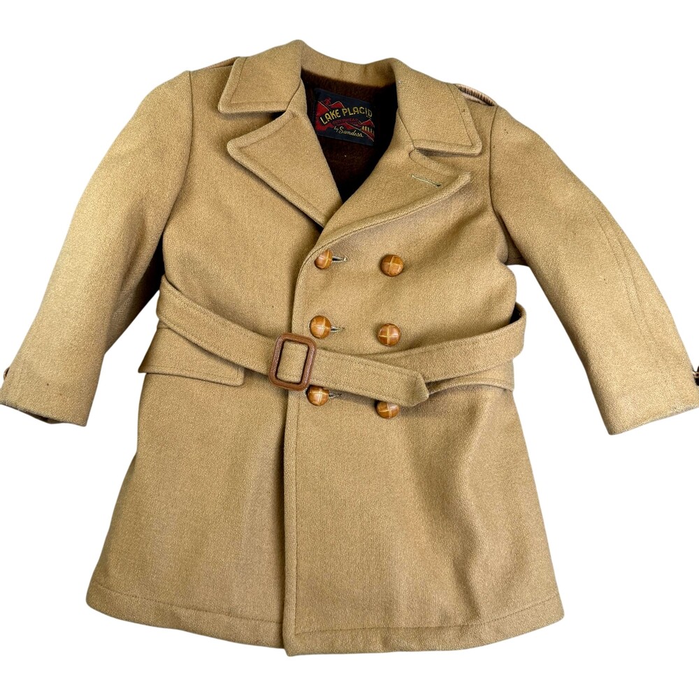 Vintage Lake Placid Coat Kids 5-6 Beige Wool Belted Double Breasted Hat Winter